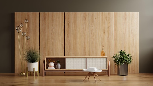 Foto mueble para tv en un moderno salón oscuro con decoración sobre fondo de pared de madera