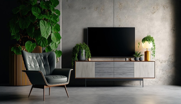 Mueble TV en salón moderno con sillón sobre fondo de pared de hormigón IA generativa