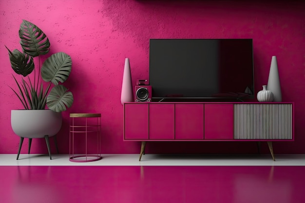 Mueble de TV de salón con pared magenta