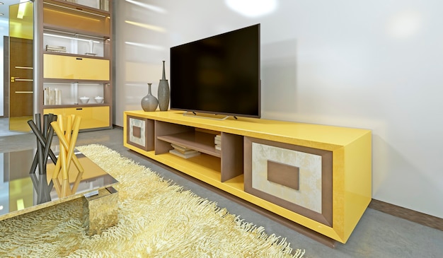Foto mueble de tv en salón con tv amarilla en la pared. render 3d.