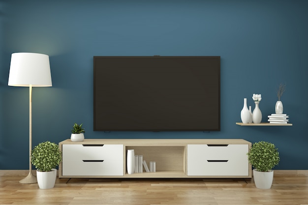 Mueble de TV en zen moderna habitación vacía janapese diseños minimalistas, render 3d