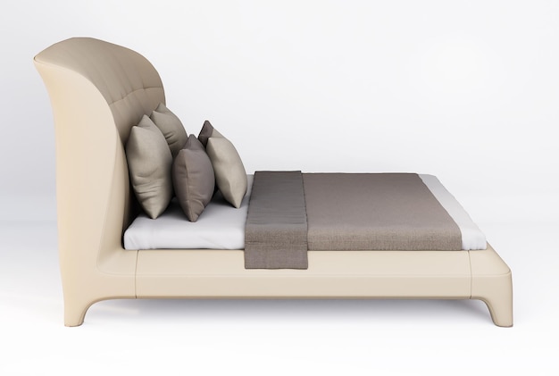 Muebles 3d cama doble de cuero beige aislada en un fondo blanco con trazado de recorte Diseño de decoración para dormitorio