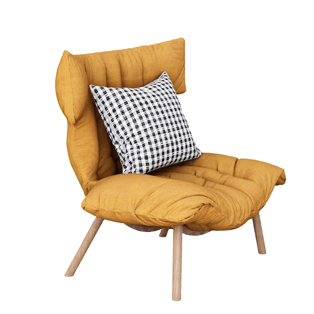 Muebles 3d sofá individual de tela amarilla de grano de madera moderno aislado en un diseño de decoración de fondo blanco para vivir