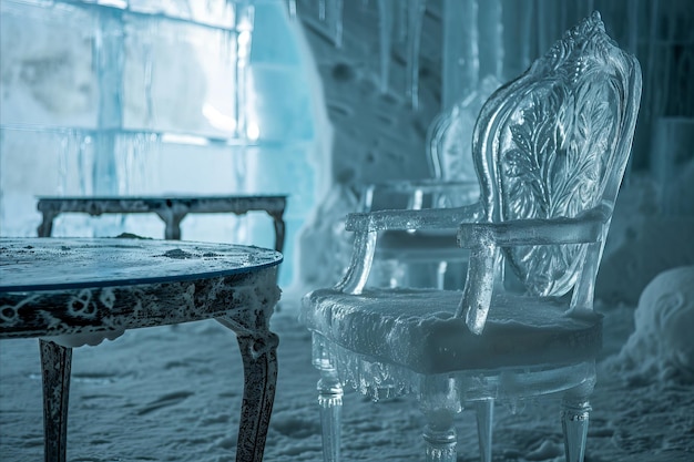 Muebles artísticos de hielo en exhibición que muestran una artesanía detallada