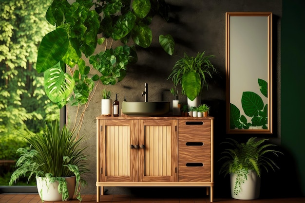 Muebles de baño ecológicos de madera con plantas verdes en el fondo de una naturaleza exuberante