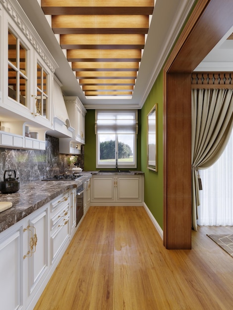 Muebles de cocina blancos en el interior de la cocina de estilo árabe con paredes verdes.