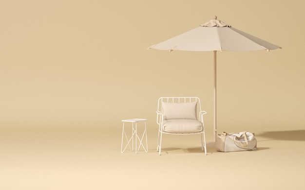 Muebles de exterior minimalistas con silla y sombrilla en color beige pastel y blanco 3d render