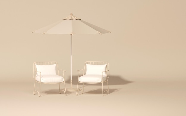 Muebles de exterior minimalistas con silla y sombrilla en color beige pastel y blanco 3d render