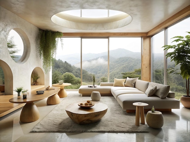 Muebles grandes en el piso de la sala de estar en el estilo de las formas inspiradas en la naturaleza orgánica