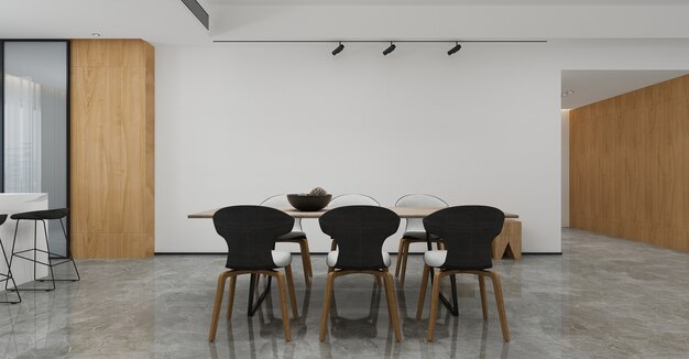 Los muebles para el hogar y la decoración simulan el diseño interior del comedor y el estilo minimalista y la representación 3d del fondo de la pared vacía