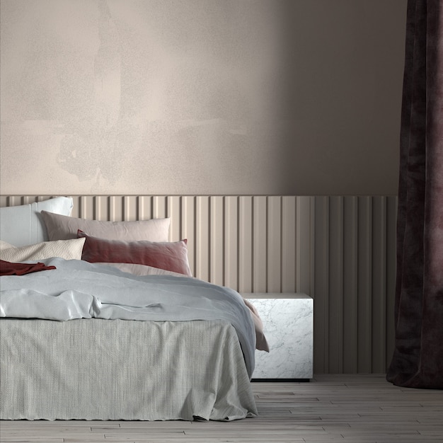 Los muebles para el hogar y la decoración simulan el diseño interior del dormitorio y el estilo de cama mínimo y la representación 3d del fondo de la pared vacía