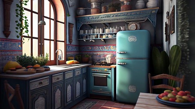 Muebles interiores de cocina árabe india bohemia étnica con decoración de adornos vintage y clásicos AI generativa