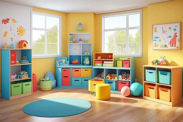 Muebles interiores de jardín de infantes Ilustración de cajones de habitaciones para niños en edad preescolar para juguetes