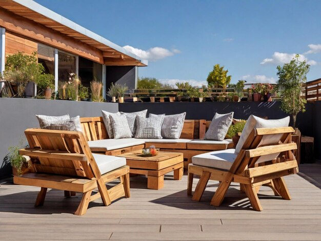 Muebles de jardín de madera para una terraza verde con suelo de madera