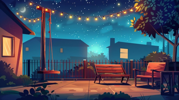 Muebles de jardín y valla en un patio trasero nocturno Ilustración de dibujos animados modernos de una calle de una ciudad suburbana con casas un columpio decorado con luces de guirnaldas y un sillón de madera y una mesa en un oscuro