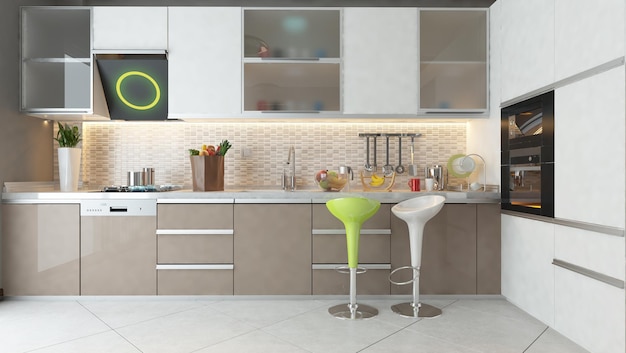 Muebles de madera de color blanco y capuchino de cerámica blanca bajo un diseño 3d de cocina moderna y ligera