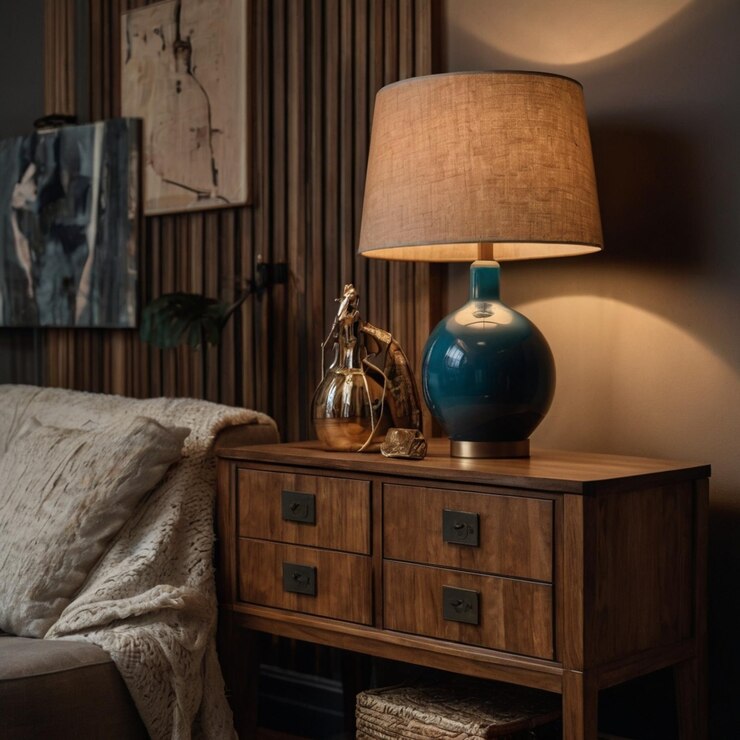 Muebles de madera con objetos decorativos e ideas de diseño de interiores de lámparas Sala de estar elegante