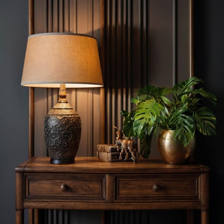 Muebles de madera con objetos decorativos e ideas de diseño de interiores de lámparas Sala de estar elegante
