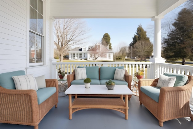 Muebles de mimbre en una amplia terraza de una casa de estilo guijarro