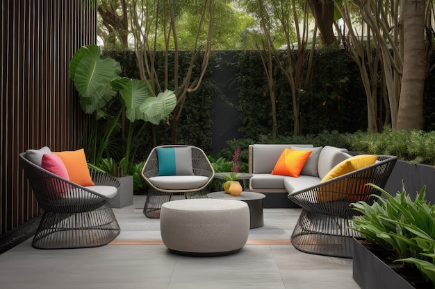 Muebles de patio modernos y elegantes con asientos acolchados y cojines decorativos vibrantes contra un jardín exuberante