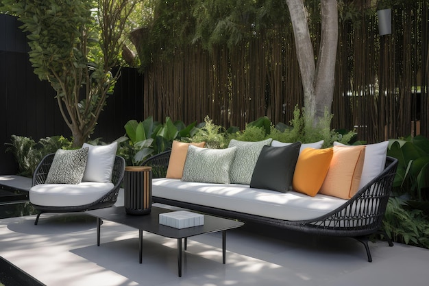 Muebles de patio modernos y elegantes con asientos acolchados y cojines decorativos vibrantes contra un jardín exuberante