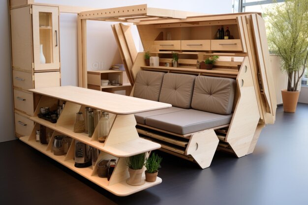 Foto muebles plegables que maximizan el espacio de una pequeña casa creados con ia generativa.