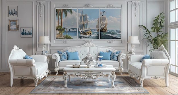 muebles de sala de estar de madera blanca con acentos azules y pisos de madera