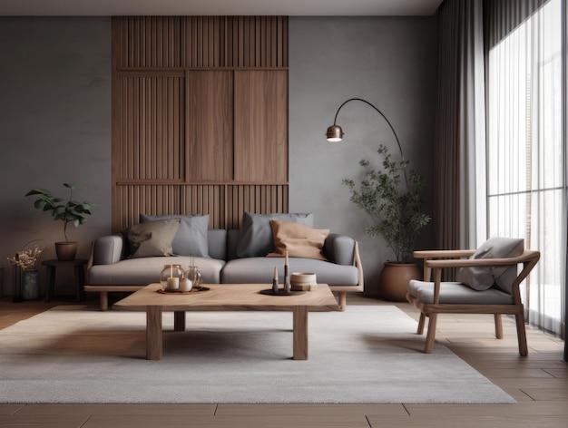 Muebles de salón modernos 3D Render en gris y marrón para decoración del hogar
