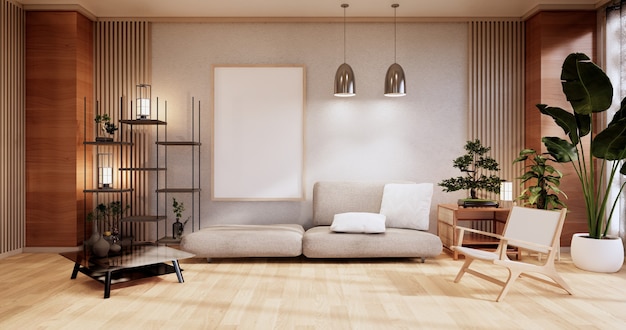 Muebles de sofá, diseño japonés de habitación moderna, renderizado minimal.3D