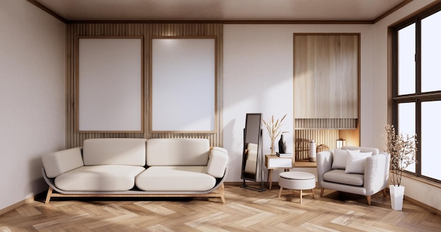 Muebles de sofá y maqueta de diseño de habitación moderna minimalista Representación 3D