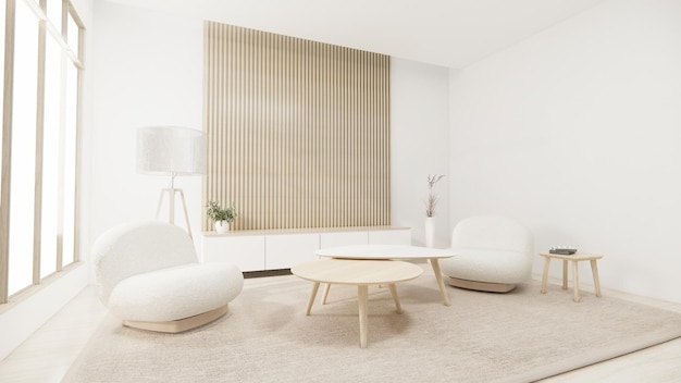 Muebles de sofá minimalistas de Muji y diseño de habitación moderno representación minimal3D