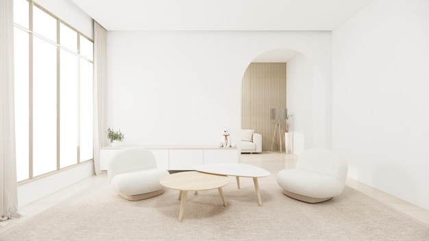 Muebles de sofá minimalistas de Muji y diseño de habitación moderno representación minimal3D