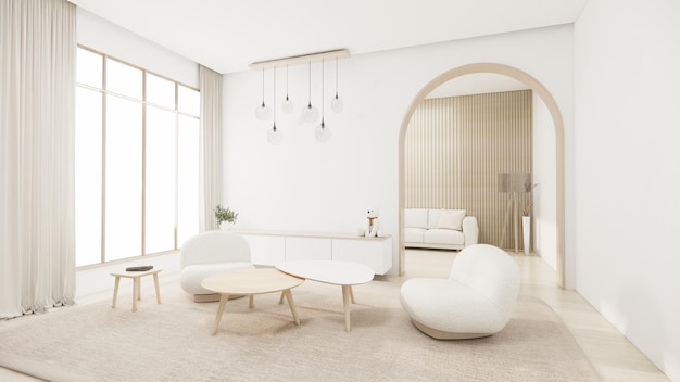 Muebles de sofá minimalistas de Muji y diseño de habitación moderno representación minimal3D