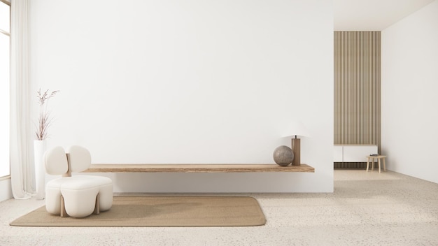 Muebles de sofá minimalistas de Muji y diseño de habitación moderno representación minimal3D