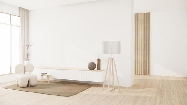 Muebles de sofá minimalistas de Muji y diseño de habitación moderno representación minimal3D