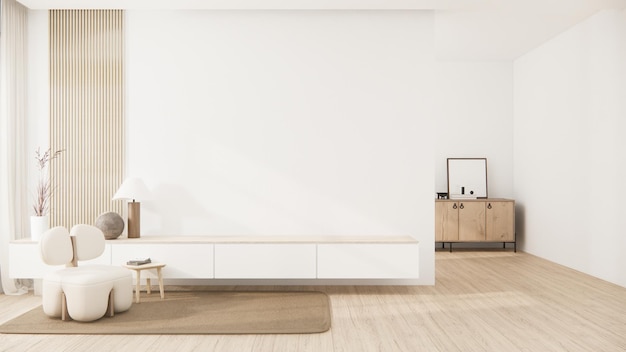 Muebles de sofá minimalistas de Muji y diseño de habitación moderno representación minimal3D