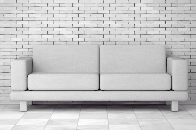 Foto muebles de sofá moderno simple blanco delante de la pared de ladrillo. representación 3d