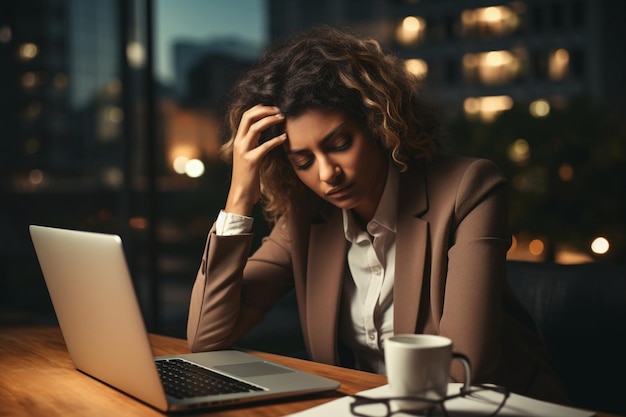 Müde Bürofrau, Technologiejob, Geschäftsfrau, sitzend, arbeitende, unglückliche Person, Computer, Kopfschmerzen, Stress, Geschäft, besorgt, junge, schöne, erwachsene, deprimierte Frauen, Laptop, trauriger Schreibtisch, Arbeitsplatz