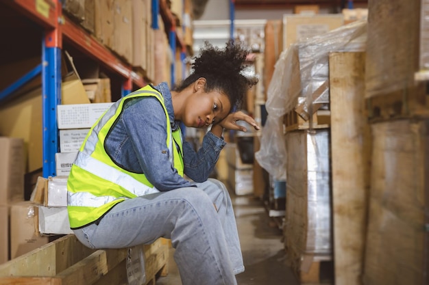 Müde stressige Arbeiterin, die in der Lagergüterinventarindustrie arbeitet