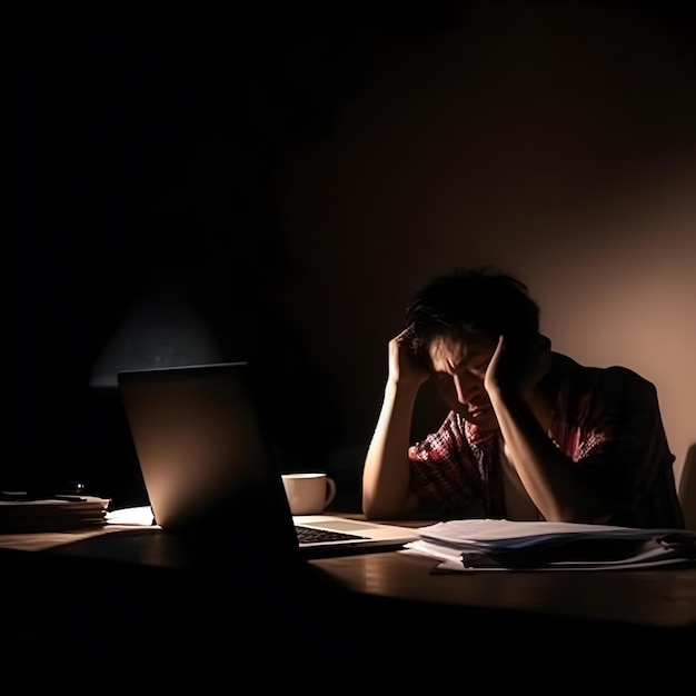 Müder asiatischer Mann sitzt spät abends am Schreibtisch und arbeitet mit einem Laptop