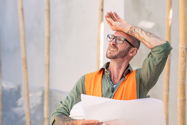 Müder Ermüdungsarbeiter des Baumeisters durch hart arbeitenden Sommer mit hohem UV-Sonnenschweiß bei heißem Wetter