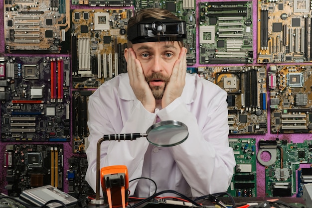 Foto müder junger männlicher elektrikeringenieur, der am tisch des elektrischen labors sitzt