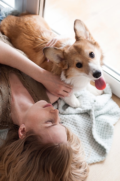 Müder walisischer Corgi Pembroke-Welpe, der auf den Händen seiner Inhaber liegt