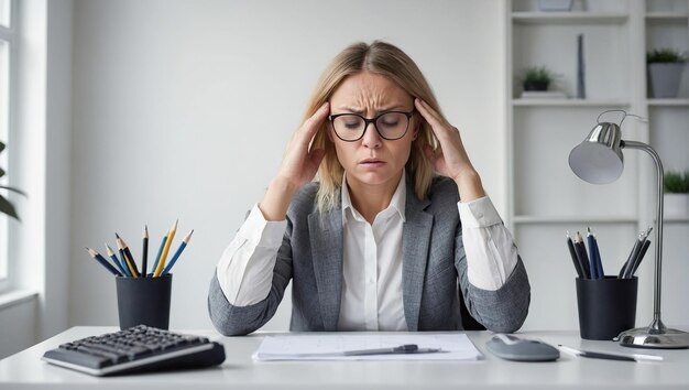 Müdige Geschäftsfrau mit Laptop im Büro Kopfschmerzprobleme Ermüdung Burnout bei der Arbeit