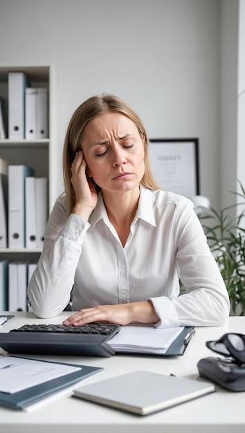 Müdige Geschäftsfrau mit Laptop im Büro Kopfschmerzprobleme Ermüdung Burnout bei der Arbeit