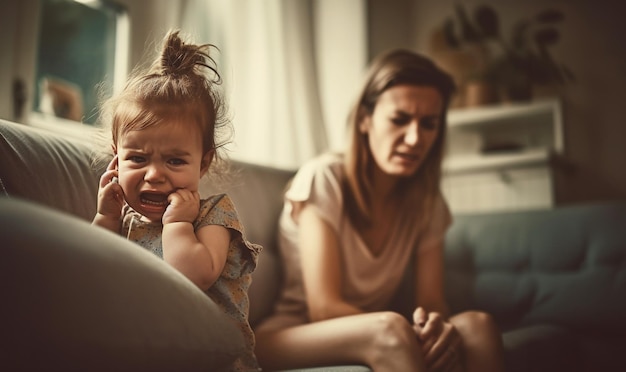 Müdige Mutter leidet unter postnataler Depression Gesundheitsversorgung Alleinerziehende Mutter