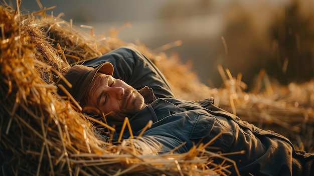 Foto müdiger bauer, der auf einem heuhaufen liegt, ai-generiertes bild