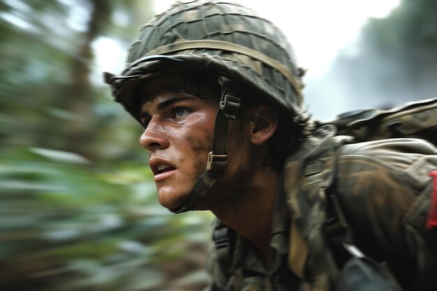 Müdiger junger männlicher Soldat mit Helm läuft im vietnamesischen Dschungel im Vietnamkrieg