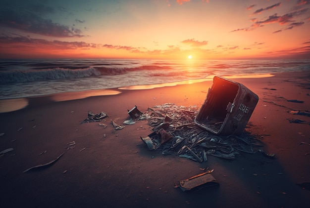 Müll am Strand mit generativer KI bei Sonnenuntergang