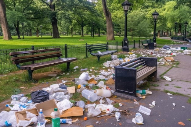 Müll und städtische Umweltverschmutzung in einem Park mit auf dem Gelände verstreutem Müll